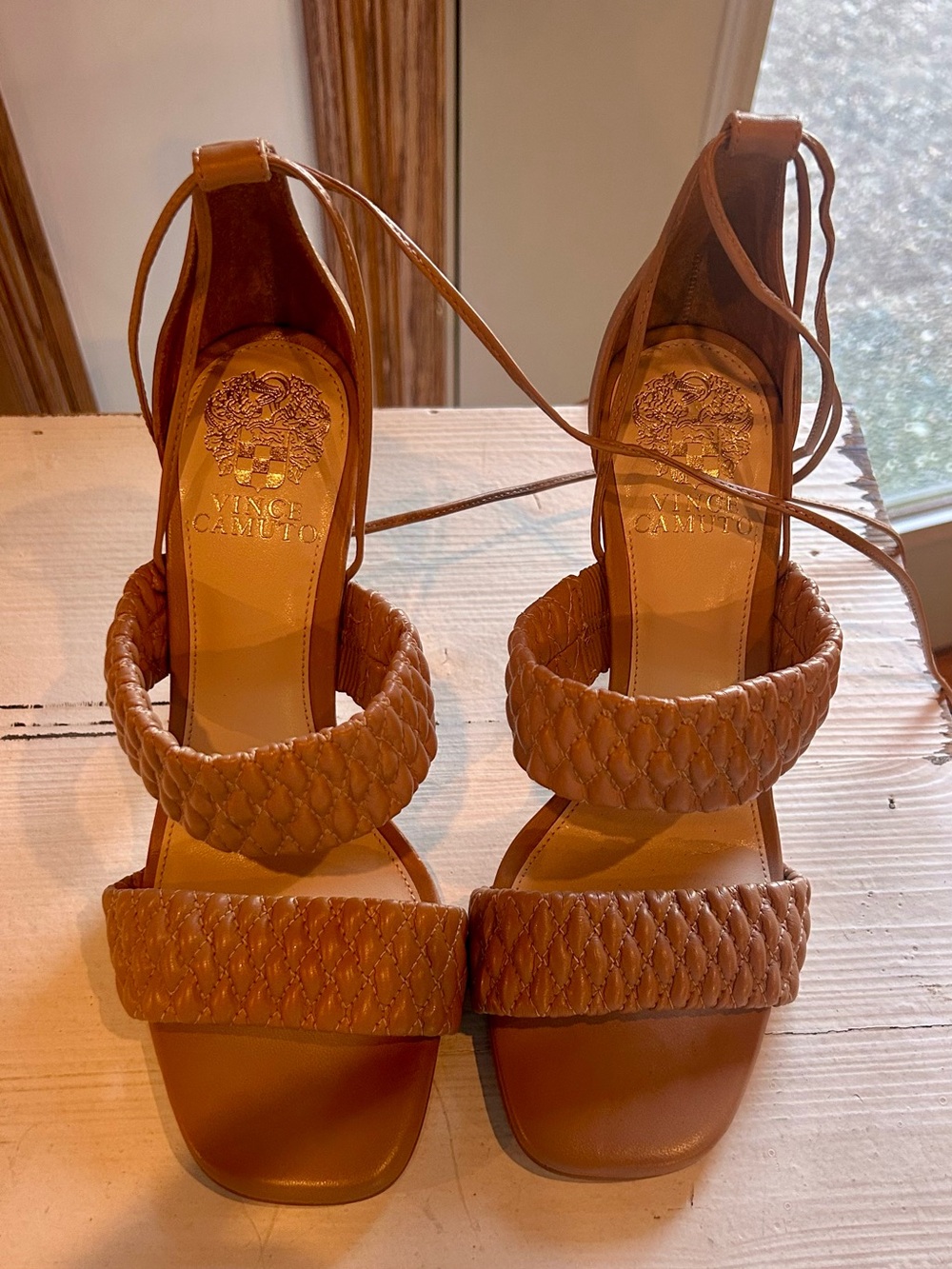 Vince Camuto Tan Braided Strap Block Heel Sandals with Ankle Ties